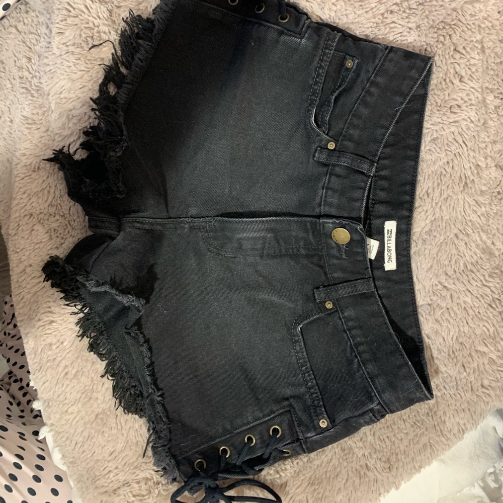 Black jean shorts with ties on the side